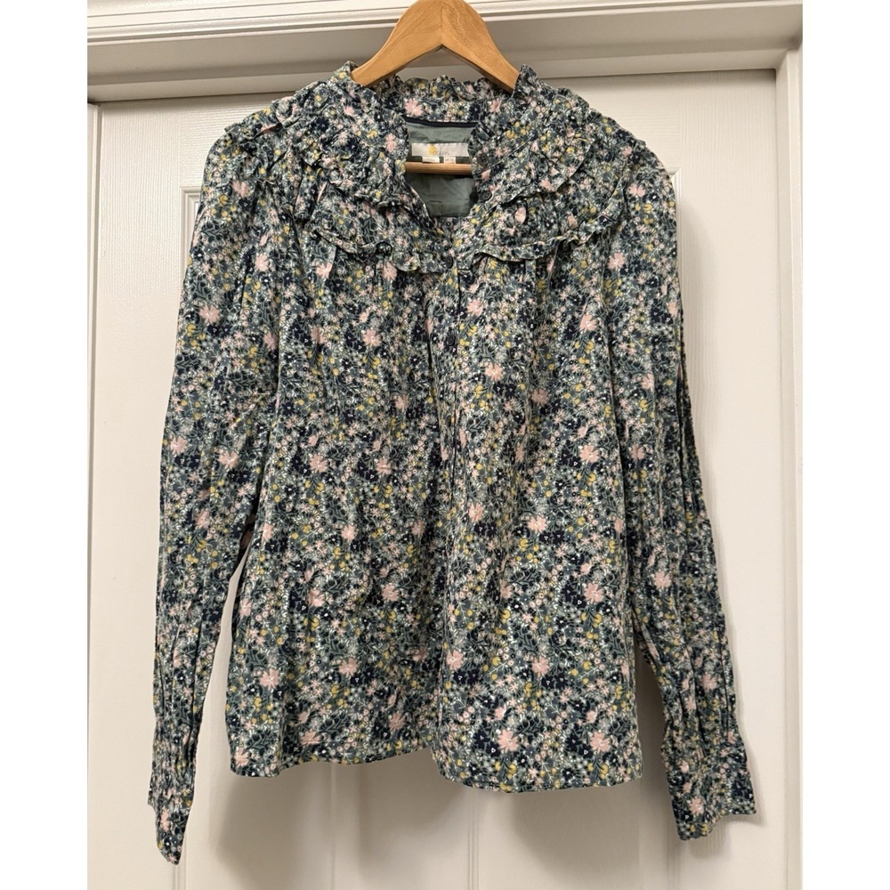 Boden Ruffle Blouse Womens 12 Green Floral Metallic Lurex Long Sleeve Victorian